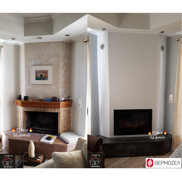 Τοποθέτηση ενεργειακού τζακιού τύπου κασέτα Volcano VI-80 στο Λουτράκι